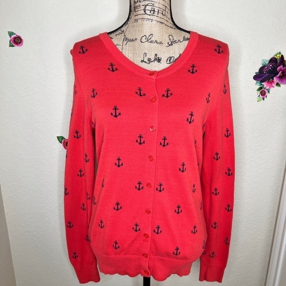 Tommy Hilfiger Button Down Red-Orange with Navy Anchors Sweater Cardigan Size M - Picture 1 of 8